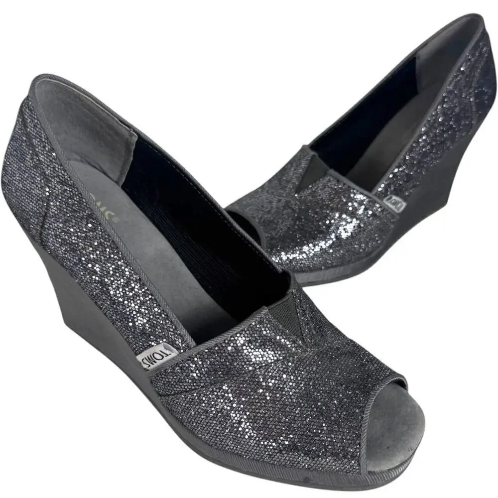 Toms Pewter Embellished Glitters Peep Toe Wedge Pumps Silver Women's Size 6.5